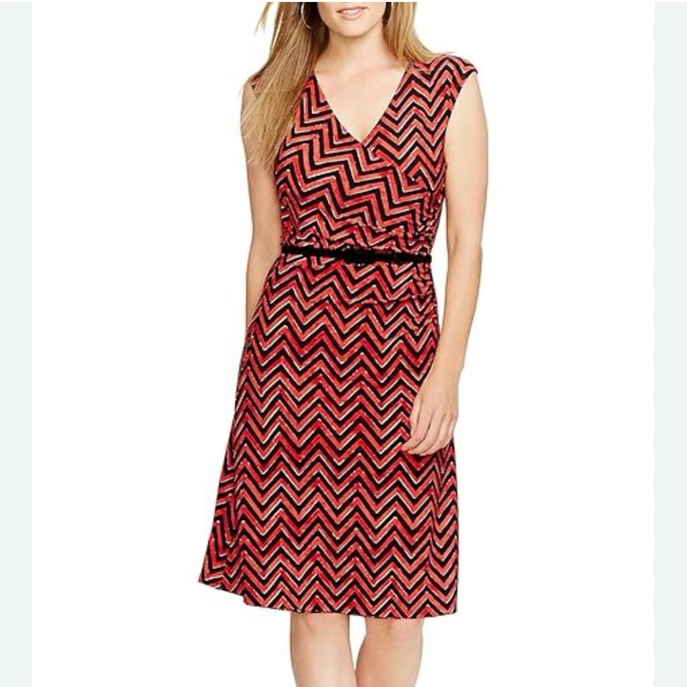 Ralph Lauren Red‎ Black Chevron Faux Wrap Sleeveless Belt Dress 2X